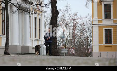 Magdeburg, Germania. 10th Jan 2022. Un funzionario di polizia indaga sull'esterno del parlamento di stato Sassonia-Anhalt con un cane da cecchino esplosivo. L'edificio principale del parlamento di Sassonia-Anhalt è stato evacuato. In precedenza, una minaccia di bomba era stata ricevuta per posta elettronica tramite una cassetta postale centrale, come ha confermato una portavoce del parlamento alla Deutsche Presse-Agentur. Credit: Ronny Hartmann/dpa/Alamy Live News Foto Stock