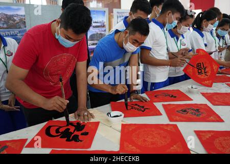 (220110) -- PHNOM PENH, 10 gennaio 2022 (Xinhua) -- i partecipanti scrivono calligrafia per allietare le Olimpiadi di inverni di Pechino ad un evento a Phnom Penh, Cambogia il 10 gennaio 2022. Lunedì la comunità cinese in Cambogia ha tenuto un evento per rallegrarsi delle prossime Olimpiadi invernali di Pechino 2022 e del Festival primaverile. L'evento è stato co-organizzato dalla Federazione dei Khmer-cinesi in Cambogia e dall'Associazione dei calligrafi cinesi cambogiani e ha visto la partecipazione di quasi 100 persone. Durante l'evento di mezza giornata tenutosi nella capitale cambogiana Phnom Penh, i partecipanti hanno scritto calligrafia cinese per esprimere la propria voce Foto Stock