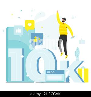 10000 seguaci, felice blogger che celebra i risultati degli obiettivi del blog, 10k abbonati ai social media, illustrazione vettoriale. Illustrazione Vettoriale