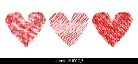 Icone del set vettoriale del cuore nello stile del disegno a mano. Illustrazione vettoriale dei cuori rossi in stile grunge per il giorno di San Valentino. Illustrazione Vettoriale