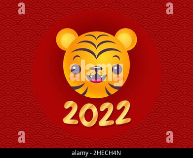 Emblema vettoriale per il nuovo anno del 2022 con capo di una tigre. Stampa vintage della tigre kawaii per 2022 anni in stile asiatico. Tiger emoji per il nuovo anno cinese. Illustrazione Vettoriale