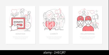 Donazioni, beneficenza e volontariato - banner in stile line design su sfondo bianco con spazio per il testo. Aiuto per coloro che hanno bisogno, regali, gratis Illustrazione Vettoriale