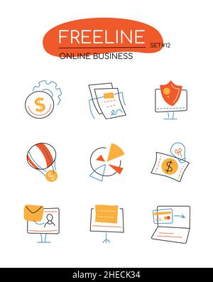 Business online - icone moderne di stile linea di design impostate in arancione. Guadagnare denaro, redigere documenti, proteggere le transazioni, investire, correre rischi, ricezione Illustrazione Vettoriale