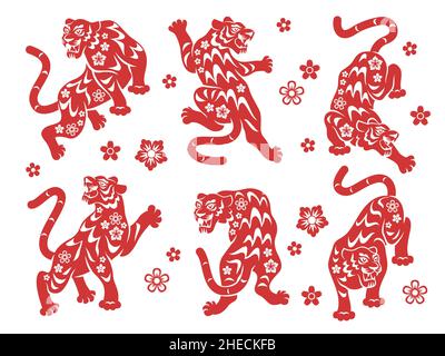 Tigre cinese di nuovo anno. Animale oroscopo asiatico, silhouette decorative rosse in diverse pose, collezione di simboli grafici tradizionali, zodiaco vacanza Illustrazione Vettoriale