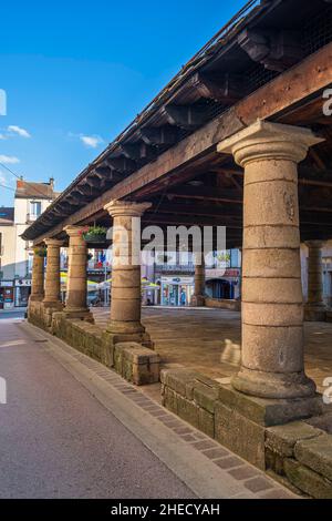 Francia, Lozere, Langogne, tappa sul sentiero Stevenson o GR 70, mercato coperto (1742) Foto Stock