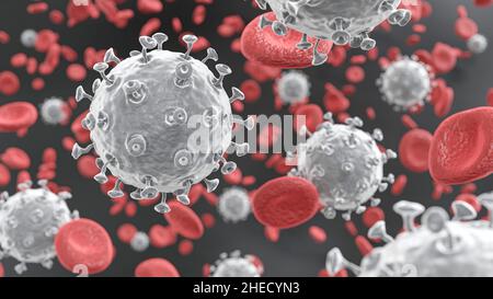 COVID19 il virus di Corona con la glicoproteina Spike galleggia sul flusso sanguigno con i globuli rossi in vascolare. 3D rendering . Foto Stock