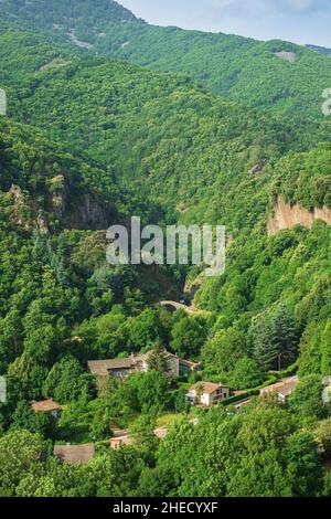 Francia, Ardèche, parco naturale regionale di Monts d'Ardeche, Thueyts, il ponte del Diavolo che attraversa il fiume Ardeche Foto Stock