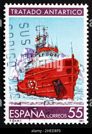 SPAGNA - CIRCA 1991: Un timbro stampato in Spagna mostra Research Ship, Trattato Antartico, circa 1991 Foto Stock