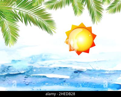 Acquerello sole e mare. Foglie di palma. Illustrazione vettoriale Illustrazione Vettoriale