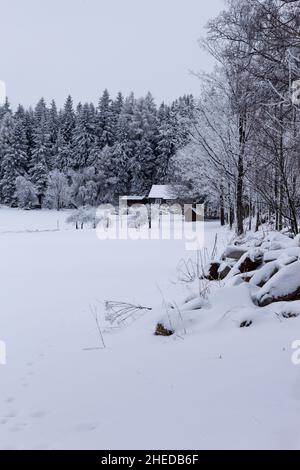 Una casa è accoccolata contro una foresta di abeti. La foresta, gli alberi, la casa e il fienile sono coperti di neve. Le rocce in primo piano sono pra Foto Stock