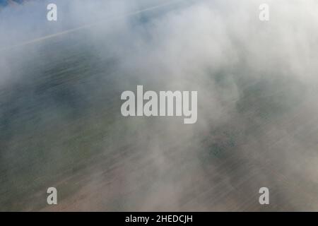 Questa foto di paesaggio è stata scattata in Europa, in Francia, nella regione del Centro, nel Loiret, nei pressi di Orleans, in inverno. Possiamo vedere la nebbia sopra il campo Foto Stock