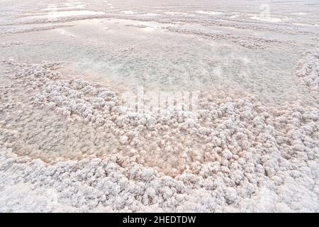 Spiaggia di sale cristallino illuminata dal sole del mattino, piccoli pozzanghere con acqua di mare al Mar Morto - il lago più ipersalina del mondo Foto Stock