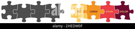 Semplice illustrazione di quattro puzzle collegati, versione grigia e a colori Illustrazione Vettoriale