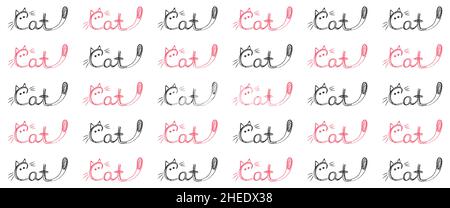 Modello senza cuciture con caratteri ripetuti del gatto con lettere c a forma di gatto. Vestiti per bambini e ragazzi con divertente stampa rosa nera. Stampa a freddo Illustrazione Vettoriale