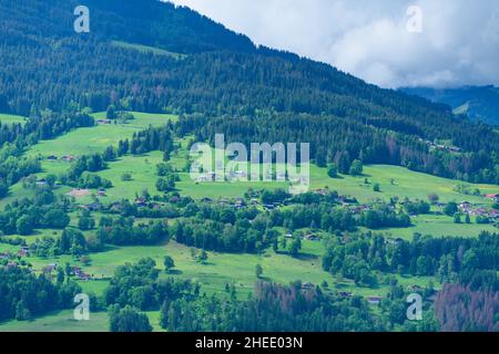 Questa foto di paesaggio è stata scattata in Europa, in Francia, nelle Alpi, verso Chamonix, in estate. Possiamo vedere la montagna con le sue foreste e prati a. Foto Stock