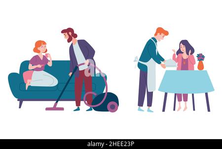 Gli uomini si prendono cura delle donne e fanno lavori domestici. Casa di pulizia, aspirapolvere pavimento, cucina. Coppie in famiglia, festive, festive. Illustrazione Vettoriale