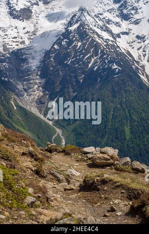 Questa foto di paesaggio è stata scattata in Europa, in Francia, nelle Alpi, verso Chamonix, in estate. Vediamo un sentiero escursionistico nel massiccio del Monte Bianco, sotto t. Foto Stock