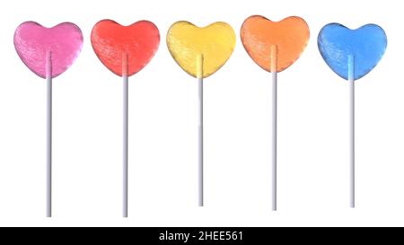 Set di lollipop a forma di cuore assortiti isolati su sfondo bianco. 3D illustrazione. Foto Stock