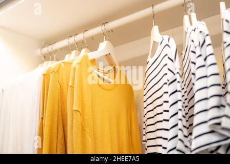 Vestiti su una barra in un armadio. Capsula stagionale per vestire facilmente, ordinare le cose, pulire Foto Stock