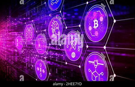 Nuovo concetto di tecnologie dirompenti - Illustrazione di innovazioni dirompenti come l'intelligenza artificiale, la stampa 3D, Autonomous e Electrical V Foto Stock