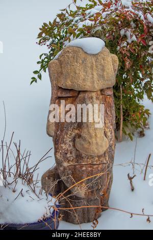 Tiki God Yard Statua nella neve con neve che assomiglia ai capelli davanti al cespuglio con bacche Foto Stock