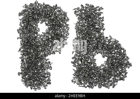 PB (simbolo chimico del piombo) scritto con granuli di piombo su sfondo bianco Foto Stock