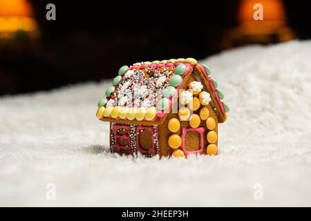 Casa di pane di zenzero decorata con cura. Foto Stock