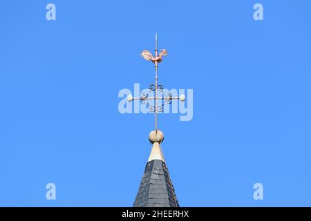 Questa foto di paesaggio è stata scattata in Europa, Francia, Borgogna, Nievre, in estate. Vediamo il gallo di bronzo sul campanile di Juncy les Varzy, sotto il Foto Stock