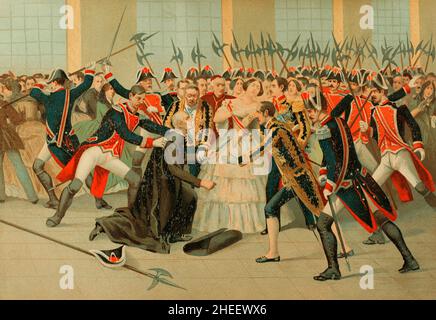 Storia della Spagna. Madrid. Tentativo di regicide da parte del sacerdote Martín Merino Gómez (1789-1852) contro la regina Isabella II il 2 febbraio 1852. In occasione della presentazione della neonata Infanta Isabella, detta la Chata, alla cerimonia che si sarebbe svolta nella Basilica di Atocha, il sacerdote Merino ha approfittato della partenza della Regina dalla Cappella reale in direzione di Atocha. La regina teneva l'Infanta tra le braccia quando fu sorpresa da un ecclesiastico che, fingendosi un arco, la stablò nel petto con un coltello nascosto nella sua cassoniera. La regina crollò all'indietro, Foto Stock