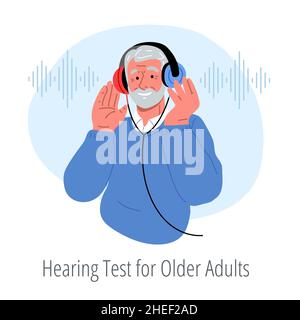 Sorridente senior indossando le cuffie, facendo il test di udito per le persone anziane.Vector piatto Illustrazione Vettoriale