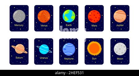 Flashcards per sistemi solari per bambini. Pianeti, Sole e Luna con nomi su sfondo grigio scuro. Materiale didattico per scuole e asili per l'apprendimento delle scienze spaziali. Illustrazione di un cartoon vettoriale Illustrazione Vettoriale