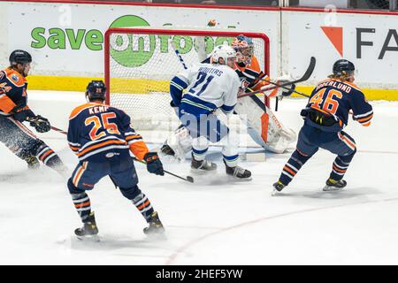 Navetta Abbotsford Canucks dell'Edmonton Oilers Farm Team, The Bakersfield Condors, domenica 9 gennaio 2022 presso l'Abbotsford Centre Foto Stock