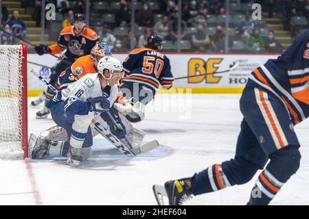 Navetta Abbotsford Canucks dell'Edmonton Oilers Farm Team, The Bakersfield Condors, domenica 9 gennaio 2022 presso l'Abbotsford Centre Foto Stock