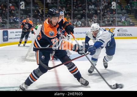 Navetta Abbotsford Canucks dell'Edmonton Oilers Farm Team, The Bakersfield Condors, domenica 9 gennaio 2022 presso l'Abbotsford Centre Foto Stock