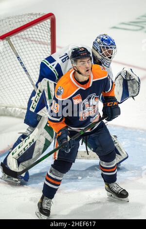 Navetta Abbotsford Canucks dell'Edmonton Oilers Farm Team, The Bakersfield Condors, domenica 9 gennaio 2022 presso l'Abbotsford Centre Foto Stock