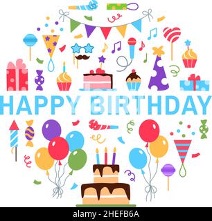 Felice compleanno colore cerchio piatto concetto con testo Illustrazione Vettoriale