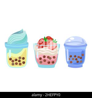 Set di tazza da tè a bolle d'aria. Cartoni animati di frullati di latte. Collezione di cibo asiatico. Illustrazione Vettoriale
