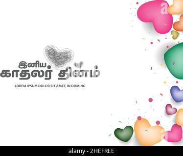 San Valentino, concetto romantico sfondo. Traducete il testo tamil con i desideri di buon San Valentino, i cuori colorati e gli sfondi di Confetti. Illustrazione Vettoriale