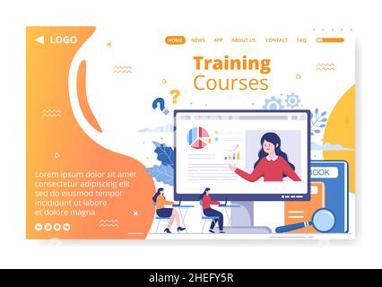 Business Online Training, Seminar o Corsi Landing Page Template Illustrazione piatta Editabile di sfondo quadrato per i social media o biglietto di auguri Illustrazione Vettoriale