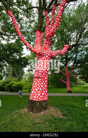 New York, NY, USA. Maggio 23, 2021. "Ascensione dei punti di Polka sugli alberi", parte della mostra "Cosmic Nature" dell'artista Yayoi Kusama presso il Giardino Botanico di NY Foto Stock