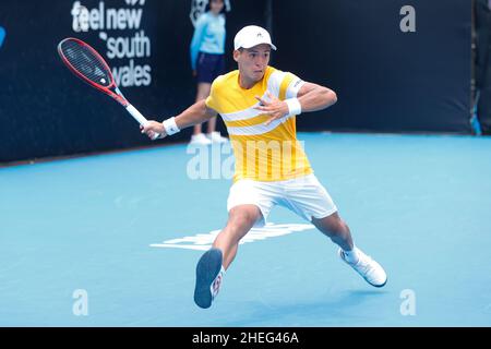 Sydney, Australia. 11th Jan 2022. Sebastian Baez d'Argentina gioca una mano d'avanti contro Chris OÕConnell d'Australia durante il Sydney Tennis Classic 2022 presso il Sydney Olympic Park Tennis Centre di Sydney, Australia, il 11 gennaio 2022. Foto di Peter Dovgan. Solo per uso editoriale, licenza richiesta per uso commerciale. Nessun utilizzo nelle scommesse, nei giochi o nelle pubblicazioni di un singolo club/campionato/giocatore. Credit: UK Sports Pics Ltd/Alamy Live News Foto Stock