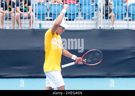 Sydney, Australia. 11th Jan 2022. Sebastian Baez d'Argentina sconfigge Chris OÕConnell d'Australia durante il Sydney Tennis Classic 2022 presso il Sydney Olympic Park Tennis Centre di Sydney, Australia, il 11 gennaio 2022. Foto di Peter Dovgan. Solo per uso editoriale, licenza richiesta per uso commerciale. Nessun utilizzo nelle scommesse, nei giochi o nelle pubblicazioni di un singolo club/campionato/giocatore. Credit: UK Sports Pics Ltd/Alamy Live News Foto Stock