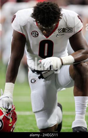 Indianapolis, Indiana, Stati Uniti. 10th Jan 2022. Georgia Bulldogs Tight End Darnell Washington (0) al NCAA Football 2022 CFP National Championship tra Georgia Bulldogs e Alabama al Lucas Oil Stadium di Indianapolis, Indiana. JP Waldron/Cal Sport Media/Alamy Live News Foto Stock