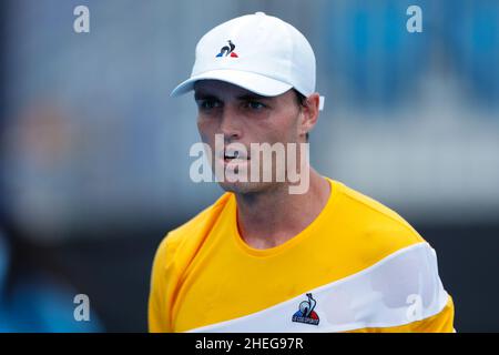 Sydney, Australia. 11th Jan 2022. Chris OÕConnell d'Australia guarda contro Sebastian Baez d'Argentina durante il Sydney Tennis Classic 2022 presso il Sydney Olympic Park Tennis Center di Sydney, Australia, il 11 gennaio 2022. Foto di Peter Dovgan. Solo per uso editoriale, licenza richiesta per uso commerciale. Nessun utilizzo nelle scommesse, nei giochi o nelle pubblicazioni di un singolo club/campionato/giocatore. Credit: UK Sports Pics Ltd/Alamy Live News Foto Stock