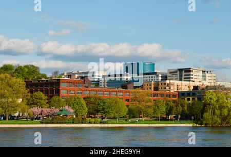 Vista dello skyline di Grand Rapids dall'altra parte del Grand River Foto Stock