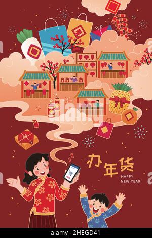 Poster dello shopping online CNY. Illustrazione di una madre che utilizza uno smartphone per acquistare prodotti alimentari di Capodanno nei negozi online. Traduzione: Fare l'anno nuovo sh Illustrazione Vettoriale