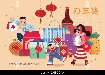 Banner per lo shopping CNY. Illustrazione di una famiglia che acquista un sacco di generi alimentari di Capodanno. Traduzione: Fare shopping di Capodanno Illustrazione Vettoriale