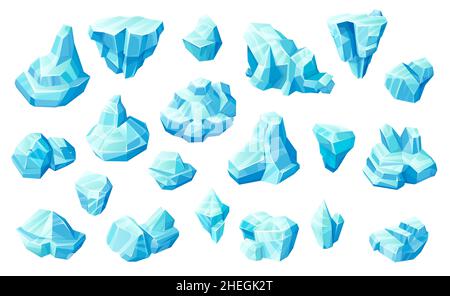 Cubetti di ghiaccio e cristalli, blocchi blu congelati asset gioco. Cartoni animati, iceberg, pietre magiche, carri vettoriali ghiacciati, saline minerali o stalagmiti rupestri. Circa Illustrazione Vettoriale