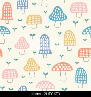 Fondo vettoriale a fungo, ripetizione senza giunture di simpatici funghi e foglie disegnati a mano. Illustrazione Vettoriale