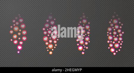 Vivi come le reazioni dei social network. Set di cuori vettoriali rosa e bianco in cerchi che volano via e sbiaditi per chat o feedback video online su Illustrazione Vettoriale